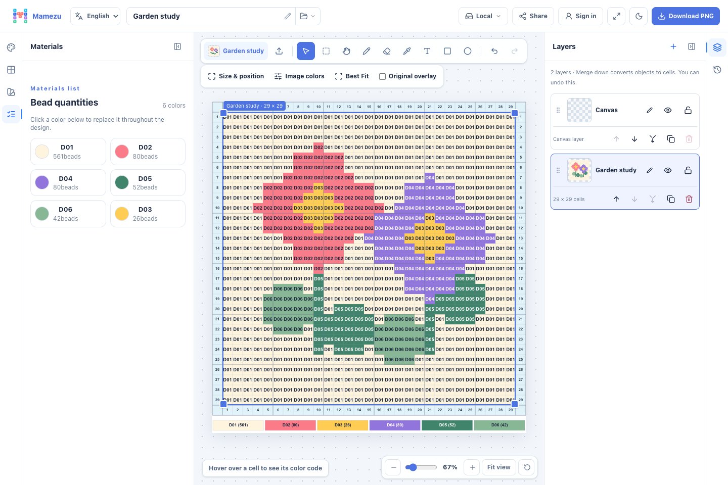 A flower bead pattern and color palette in the Mamezu editor